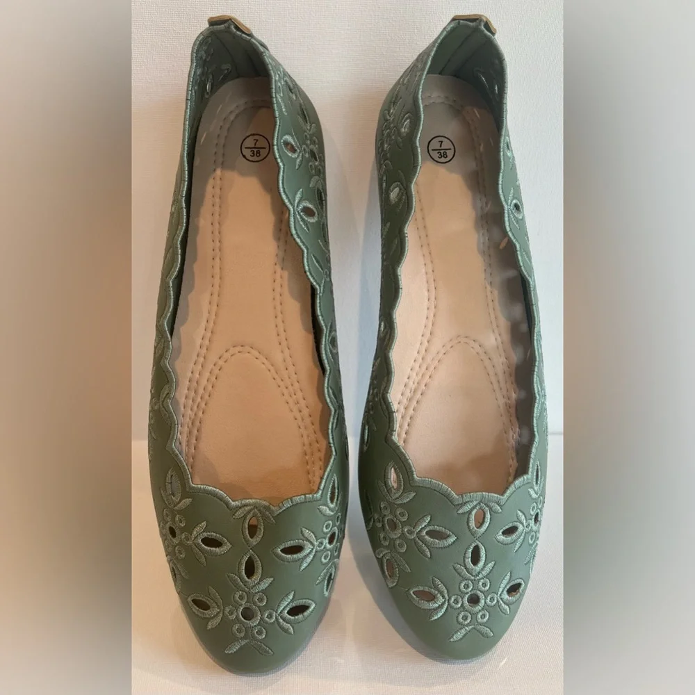 Ballet Flat Sage Green Cutout Women's Loafers - Picture 2 of 8